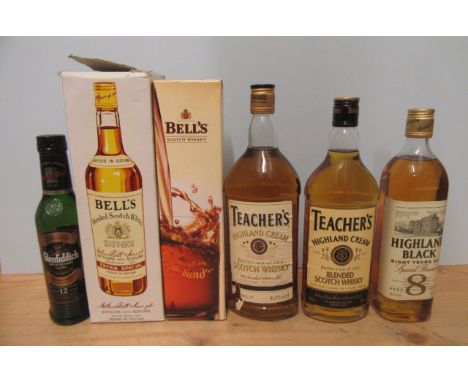 6 assorted bottles of whisky comprising 1 Highland Black 8 year old Special Reserve, 1litre and 1 bottle Teacher's Highland C