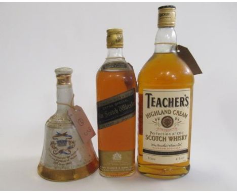 1 bottle Johnnie Walker Black label blended Old Scotch Whisky, together with 1 litre Teacher's Highland Cream and a Bells dec
