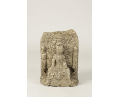 A CHINESE MARBLE BUDDHIST TRIAD GROUP Northern Wei or later The central figure of Buddha enthroned framed by a foliate and sc
