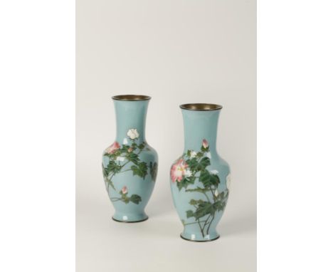 A PAIR OF JAPANESE MORIAGE CLOISONNÉ ENAMEL VASES with long necks and slender bodies, each decorated with flowers on a turquo