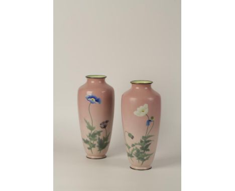 A PAIR OF JAPANESE "MUSEN" CLOISONNÉ ENAMEL VASES of shouldered tapering form decorated with wild flowers on a pink ground, M