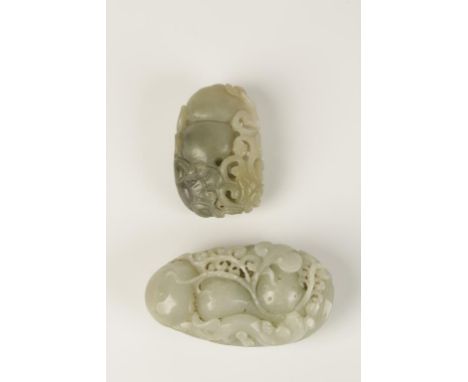 A CHINESE CELADON JADE CARVING of a chilong and fruit, the stone with a soft lustrous polish, 9cm, and a smaller jade of simi