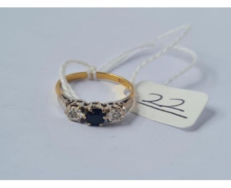 Three stone sapphire &amp; diamond ring in 18ct gold - size 0 - 2.6gms