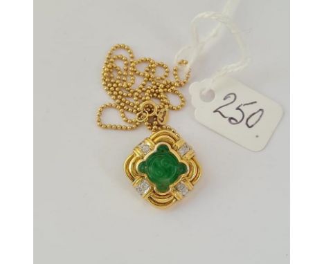 A JADE &amp; DIAMOND SQUARE DESIGNED PENDANT IN 18CT GOLD ON 18CT GOLD BEADED CHAIN