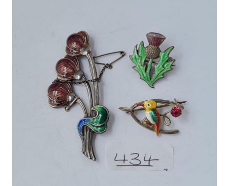 3 x silver &amp; enamel brooches 