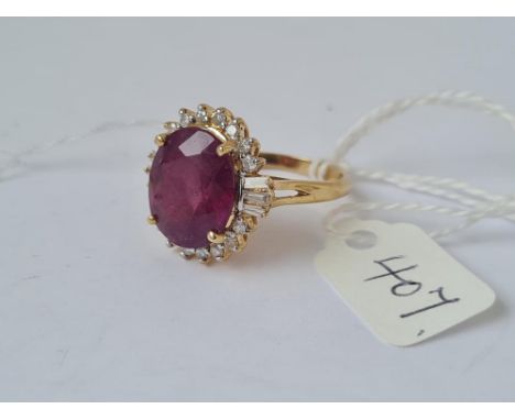 A STUNNING LARGE FACETED RED GEM STONE &amp; DIAMOND CLUSTER RING IN 9CT  - size P.5 - 6.4gms