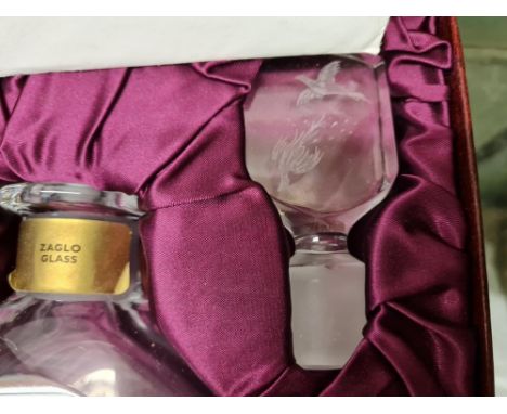 A Zaglo glass boxed decanter &amp; stopper with paperwork engraved with shooting scene -  10" high