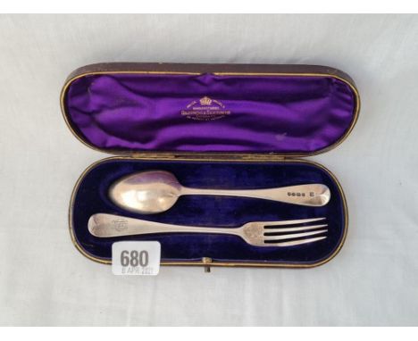 A christening set of a spoon and fork in fitted case London 1885 