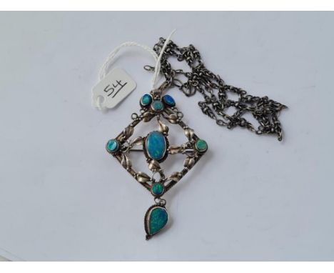 A LARGE SILVER &amp; OPAL ARTS &amp; CRAFTS PENDANT &amp; CHAIN 