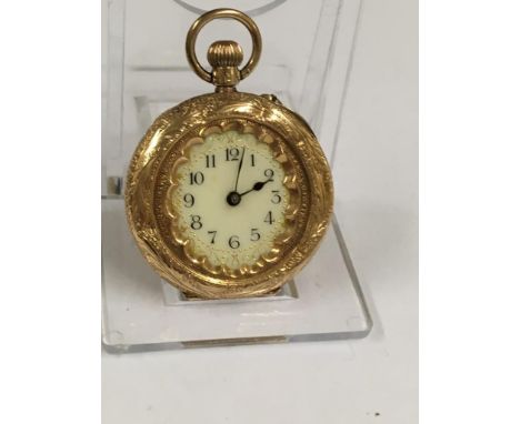An  antique ladies pocket watch with enamel back (missing glass) in 14ct gold 100
