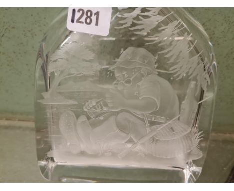Another Zaglo glass limited edition boxed decanter &amp; stopper etched with fishermen on river bank'' -11" high