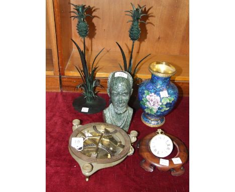 A modern brass compass marked 'Dolland Nauticalia', a glass and metal ball clock, a modern cloisonné vase and other items.