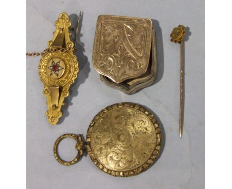 A small 9ct gold locket-back brooch, a Victorian gilt metal locket, a shield-shaped locket, (a/f) and a stick pin set diamond