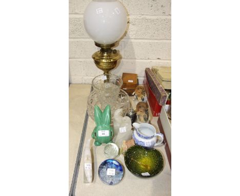 A SylvaC green-glazed rabbit, 15cm high, other ceramics, glassware, a brassed oil lamp and miscellaneous items.