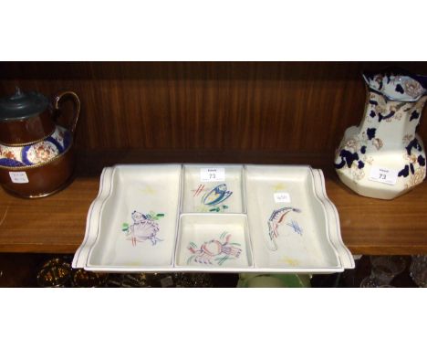 A Poole Pottery four-division hors d'oeuvre's dish decorated with fish and shellfish, 34 x 21cm, a Masons 'Mandalay' decorate