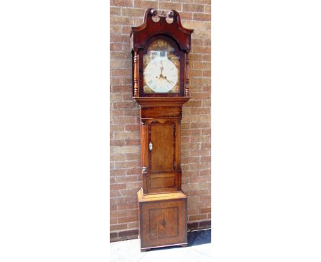 AN 19TH CENTURY LONGCASE CLOCK with 8-day movement, the arched painted and enamel dial with date aperture, contained in a mah