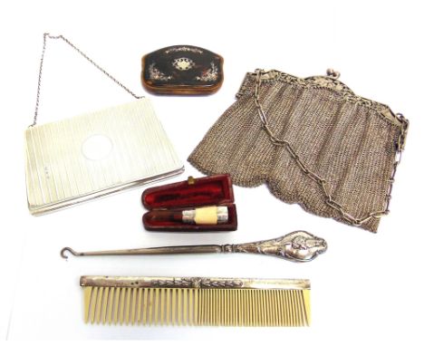 A SILVER EVENING PURSE Birmingham 1916, with engine turned linear decoration; with a chain mail evening bag, bearing French '