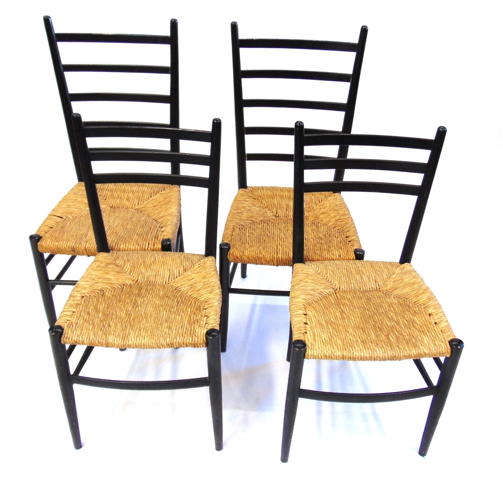 TWO PAIRS OF ITALIAN RUSH SEAT CHAIRS with ebonised frames, labelled