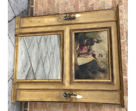 A GILT PAINTED OVERMANTLE  with inset bevelled mirror, an oil on canvas panel above of two ladies in period dress in a garden