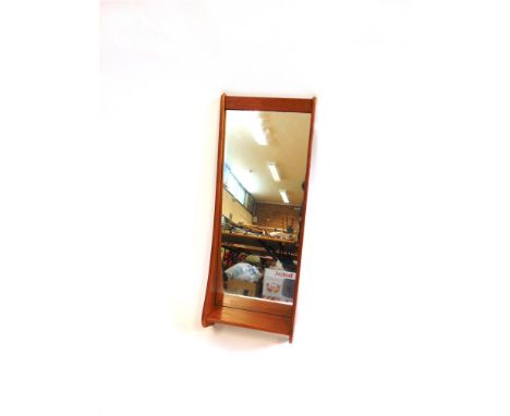 A 1960S TEAK FRAMED MIRROR WITH INTEGRAL SHELF  40cm wide 106cm high; another teak framed wall mirror with bevelled edge, 39c