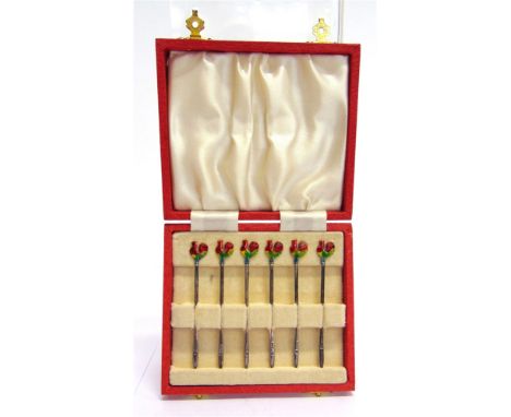 A CASED SET OF SIX SILVER AND ENAMEL COCKTAIL STICKS by Adie Borthers Ltd, Birmingham 1960, the cockerel finial in red, yello