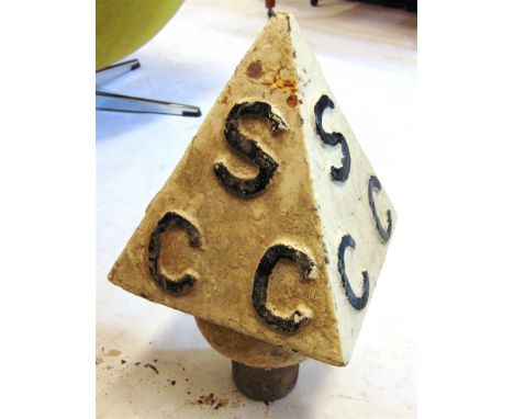A SOMERSET COUNTY COUNCIL CAST IRON SIGN POST FINIAL  of pyramid form, each face lettered 'S C C', overall 36cm high (inclusi