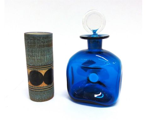 A SCANDINAVIAN BLUE GLASS DECANTER AND STOPPER  probably Holmegaard, 20cm high; together with a Studio pottery vase, unmarked