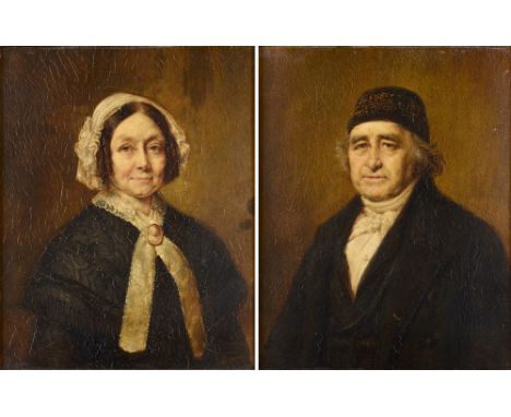 FOLLOWER OF GERARD PORTIELJE (BELGIAN, 1856-1929)  Portrait of a Lady; and Portrait of a Gentleman, a pair,  oil on board (po