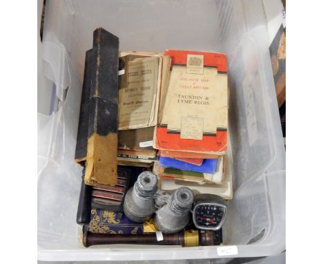 Quantity of assorted boxes, collectables, binoculars, ordnance survey maps, a Hurat mileometer for a car /bike  etc, ( 2 boxe