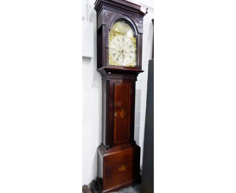 19th century longcase clock, the brass dial with silvered chapter ring and subsidiary seconds and calendar dials, in mahogany