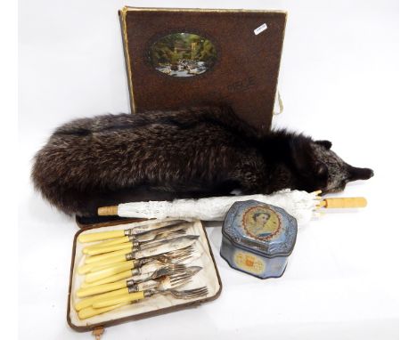 Vintage lace parasol, a boxed fan, a bisque doll's head marked A. M. Germany (af), a silver fox vintage scarf, various tins e