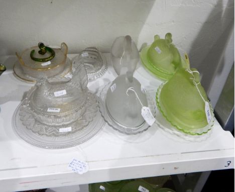 Victorian crackle clear glass butter dish and cover with stand, with green glass snake knop, a Victorian pressed glass toast 
