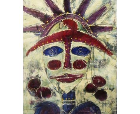 South African schoolMixed media with automobile paint Stylised image of face wearing crown, signed indistinctly, 60cm x 48cm 