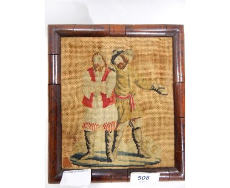 Late 18th/early 19th century rosewood framed woolwork tapestry picture of two men, brass fitting for polescreen on reverse, 2