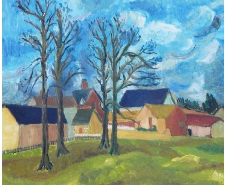 K T Luke Acrylic on board Farm buildings with trees in foreground, 56cm x 67.5cm 