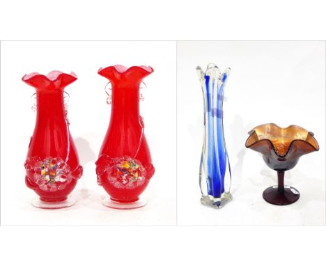 Pair of red glass vases of baluster form, with applied rose decoration, an amethyst carnival glass pedestal bowl decorated wi