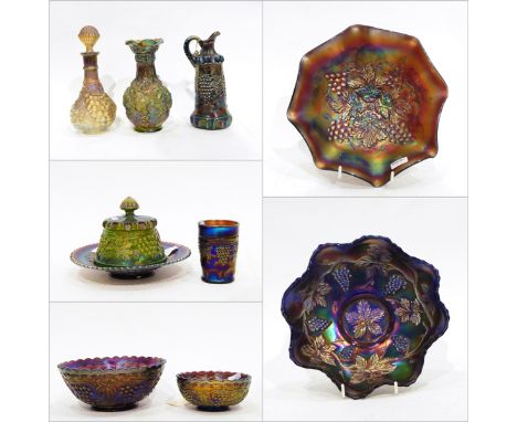 Amethyst carnival glass dish in the 'Grape and Cable' pattern, 23cm wide, an Imperial green glass carafe decorated with grape