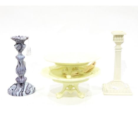 Victorian Sowerby opaque cream pressed glass candlestick of column form, on square base, with moulded mark to base and emboss