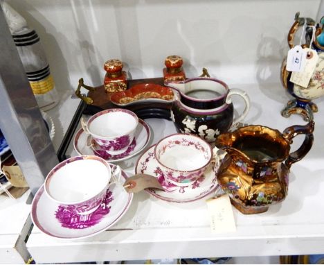 Collection of Sunderland lustre transfer-printed cups and saucers, similar jug and a copper lustre octagonal jug together wit