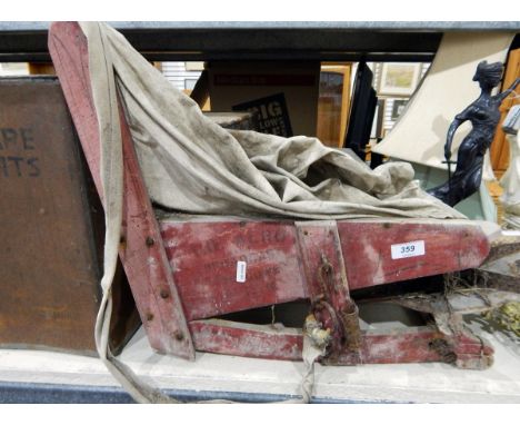 Metal tin marked 'Welfare Biscuits', an old seed spreader, a wooden box and a tin trunk (4) 