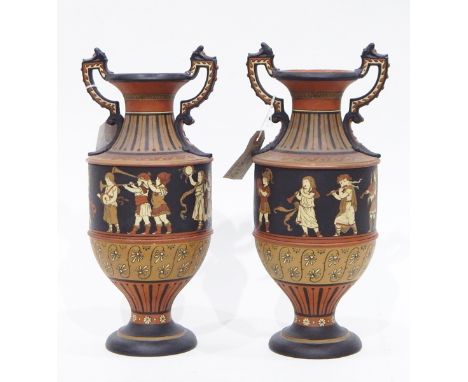 Pair of Mettlach Greek-style stoneware vases of two-handled baluster form, with central frieze of children playing instrument