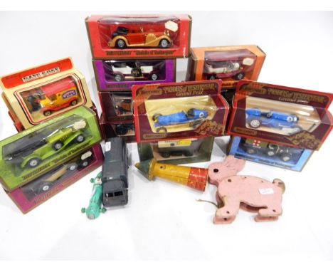 Quantity of Matchbox Yesteryear boxed cars, a vintage jigsaw, vintage wooden toys, playworn Dinky toys - a Talbot Lago, H.W.M