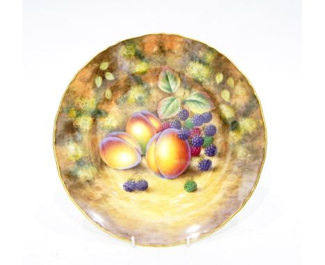 20th century Royal Worcester handpainted plate by J Smith, peaches and blackberries on naturalistic background, black backsta