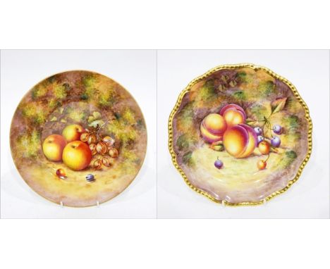 20th century Royal Worcester handpainted plate by Freeman of apples and gooseberries on naturalistic background, black printe
