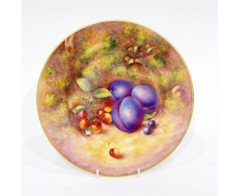 20th century Royal Worcester porcelain plate handpainted by Freeman, plums and cherries on naturalistic background, black bac