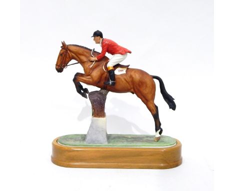 Royal Worcester tinted bisque group of 'Fox Hunter and Lt. Col. H M Llewellyn CBE' by Doris Lindner, on wooden plinth, 32cm h