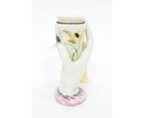 Victorian Royal Worcester conical-shaped vase, handpainted with butterflies and grasses, supported on modelled hand with moul