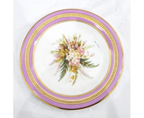 Set of 10 Royal Worcester porcelain dessert plates with coloured rims and heightened enamel bead edging, floral sprays, impre