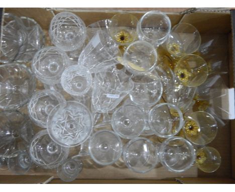 Large quantity of glass including wines, sherries, brandy balloons, fruit bowls, paraffin lamp, pressed glass cake stand, pre