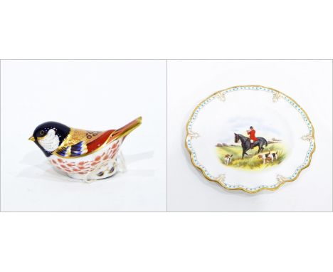 Set of four Royal Crown Derby bone china dessert plates with hand painted hunting scenes, with moulded frill rims, gilt and t